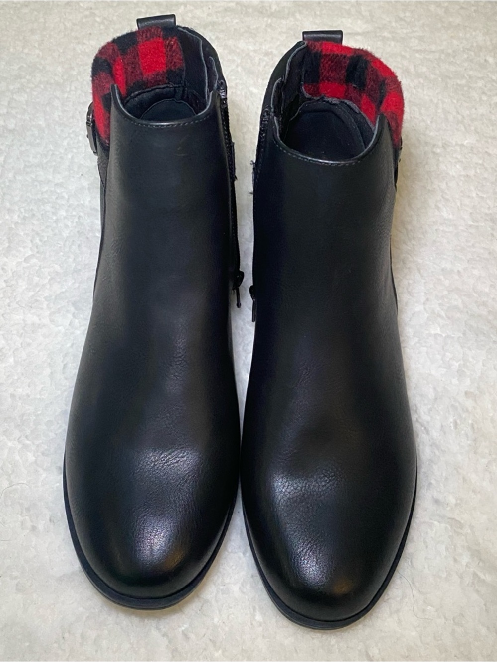 Maurices Black Ankle Boots with Red Plaid Cuff